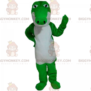 Kostým neonově zeleného a bílého krokodýla BIGGYMONKEY™ maskota