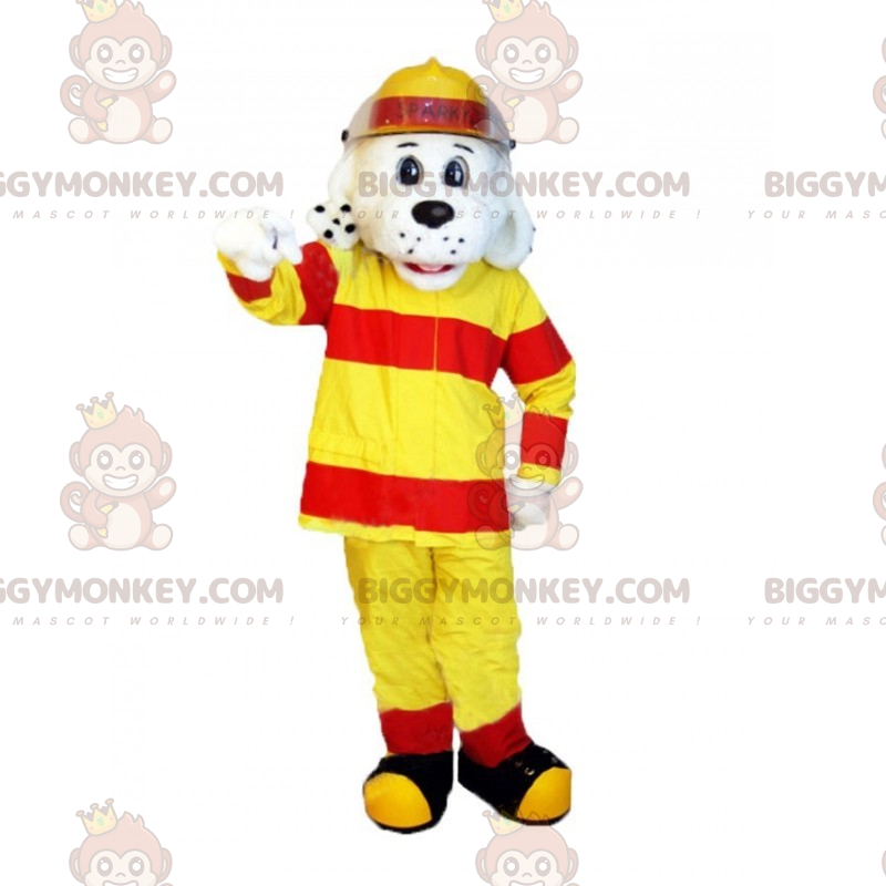 Fantasia de mascote BIGGYMONKEY™ dálmata em traje de bombeiro