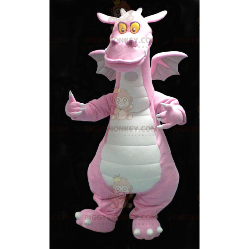Bonito disfraz de mascota de dragón rosa y blanco sonriente