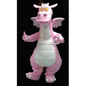 Simpatico costume da mascotte sorridente rosa e drago bianco