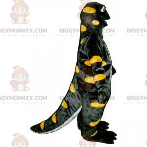 Kostium maskotka czarny dinozaur w żółte kropki BIGGYMONKEY™ -