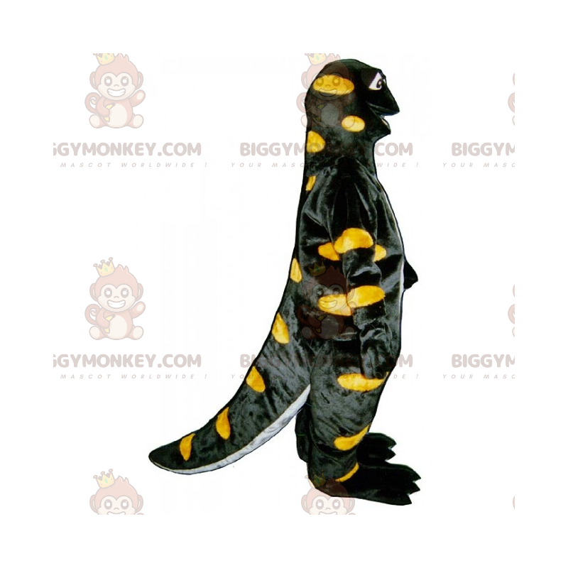 Costume de mascotte BIGGYMONKEY™ de dino noir a pois jaunes -