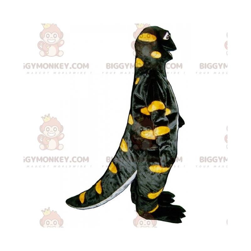 Traje de mascote de bolinhas amarelas de dinossauro preto
