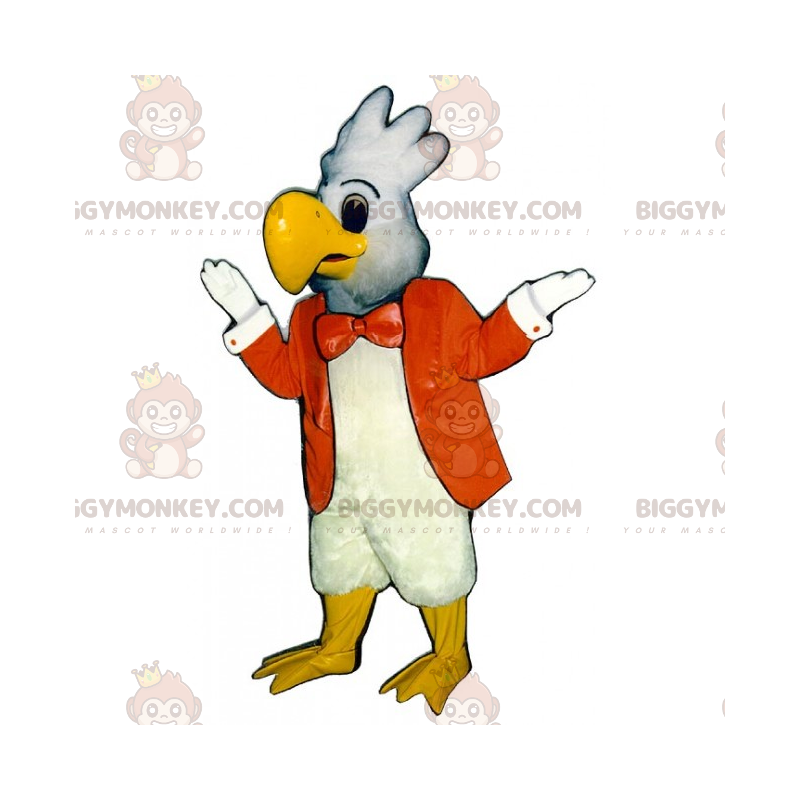 Traje de mascote de papagaio branco BIGGYMONKEY™ com jaqueta