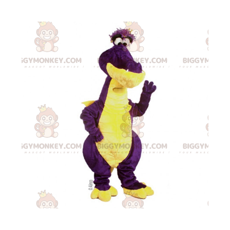 Fioletowy i żółty kostium dinozaura z małymi oczami