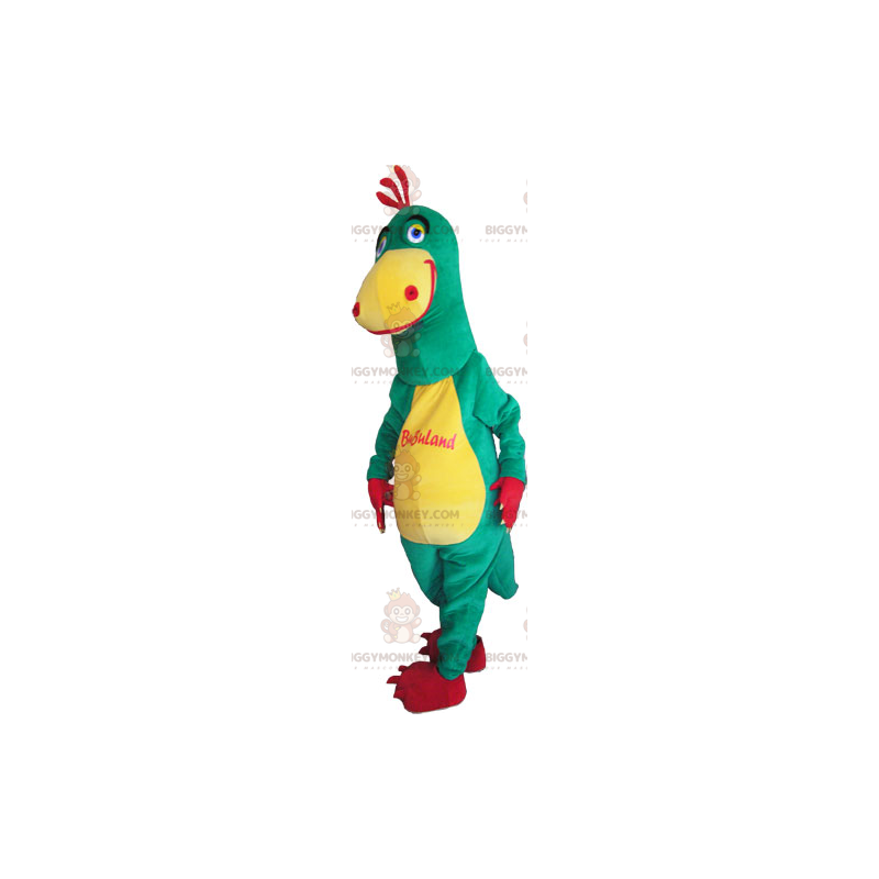 Traje de mascote de dinossauro bicolor amarelo e verde