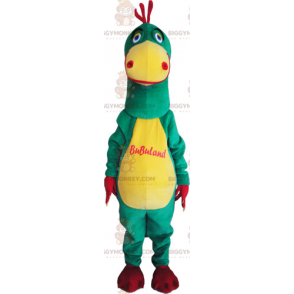 Traje de mascote de dinossauro bicolor amarelo e verde