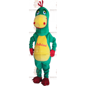 Traje de mascote de dinossauro bicolor amarelo e verde