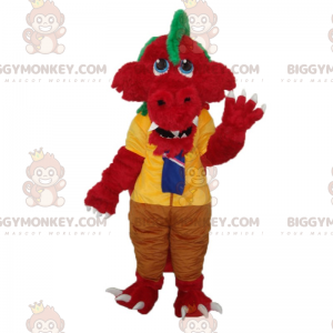 BIGGYMONKEY™ Maskotdräkt Röd dinosaurie i skoluniform -