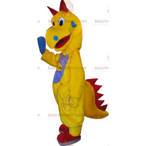 BIGGYMONKEY™ maskottiasu, keltainen dinosaurus sinisellä