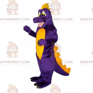 Disfraz de mascota dinosaurio morado y amarillo sonriente
