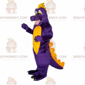 Kostium maskotka uśmiechniętego fioletowo-żółtego dinozaura