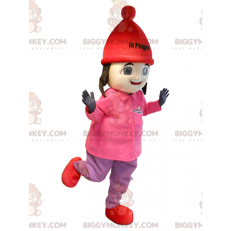 Maskotka brązowa dziewczyna w stroju narciarskim BIGGYMONKEY™ -
