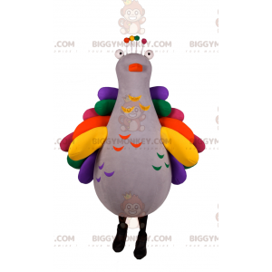 BIGGYMONKEY™ Maskotdräkt Grå fågel med regnbågsvingar -