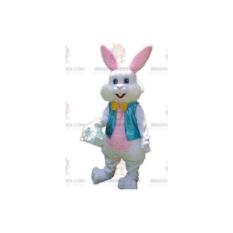 BIGGYMONKEY™ Maskottchenkostüm Hase in Weiß und Rosa mit blauer