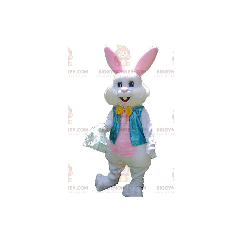 Costume de mascotte BIGGYMONKEY™ de lapin blanc et rose avec un