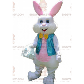 BIGGYMONKEY™ Mascot Costume White and Pink Bunny with Blue Vest