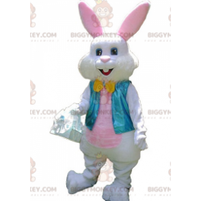 Costume de mascotte BIGGYMONKEY™ de lapin blanc et rose avec un