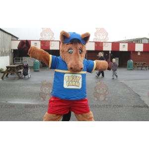 Colt Brown Horse BIGGYMONKEY™ mascottekostuum in blauwe en rode