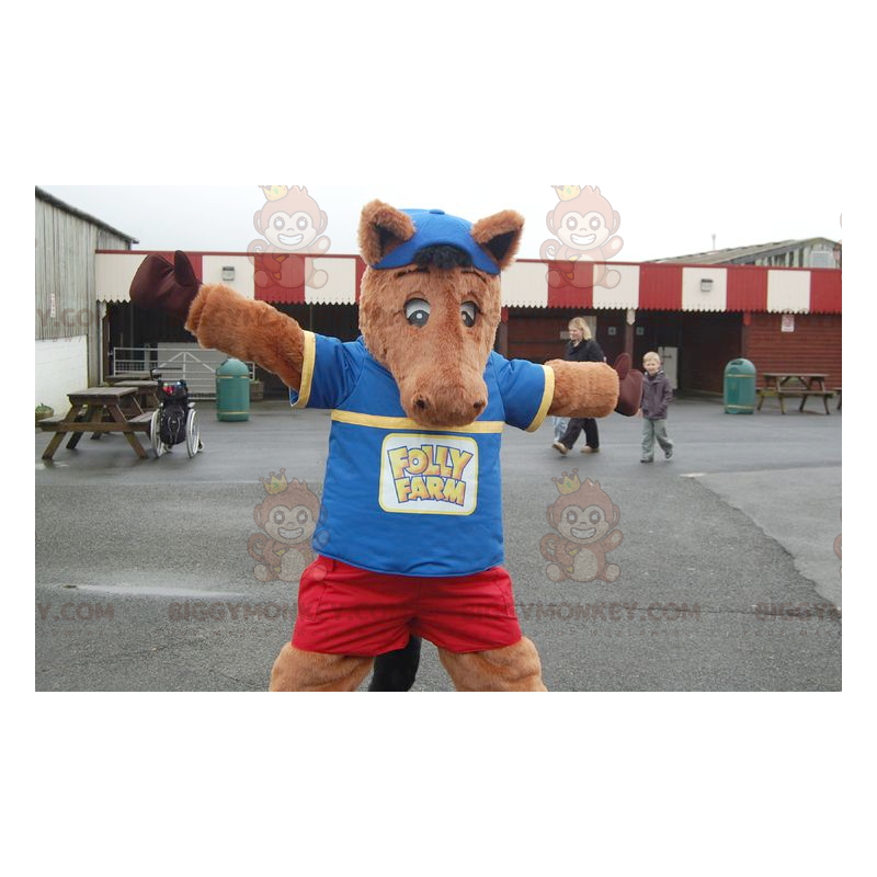 Colt Brown Horse BIGGYMONKEY™ Mascot Costume in Blue and Red