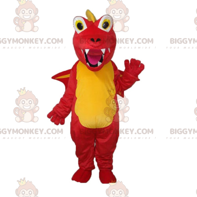 Kostým maskota BIGGYMONKEY™ Žlutý a červený drak s velkými zuby