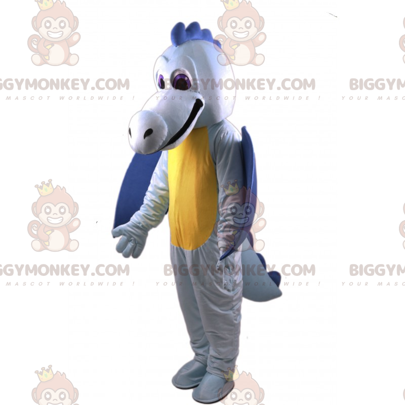 Disfraz de mascota dragón azul y amarillo BIGGYMONKEY™ -