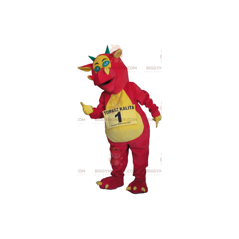 Disfraz de mascota dragón rosa y amarillo BIGGYMONKEY™ -