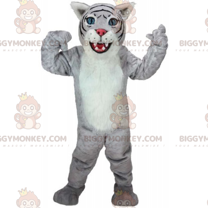 Traje de mascote BIGGYMONKEY™ felino cinza e branco –