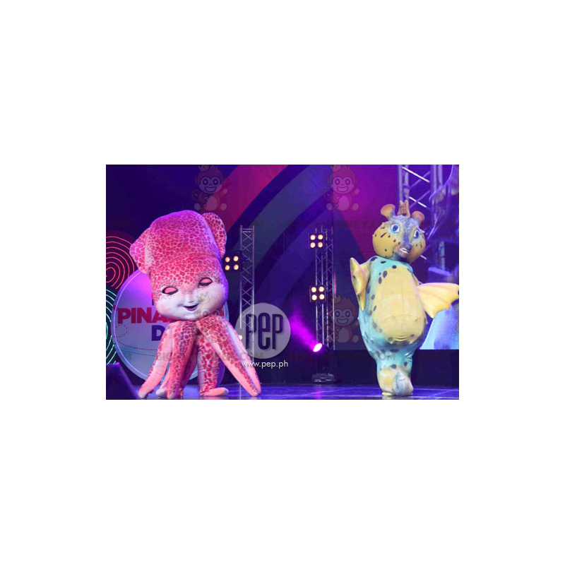 2 BIGGYMONKEY™s fish mascot one blue and yellow and one pink