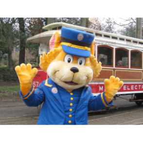 Oranssi kissan BIGGYMONKEY™ maskottiasu junan konduktööriksi