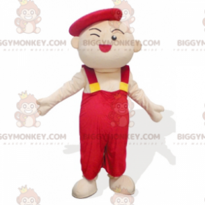 Artist Kid Man BIGGYMONKEY™ Mascot Costume in Red Overalls –