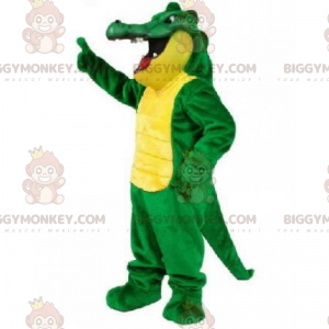 Traje de mascote grande de crocodilo verde e amarelo
