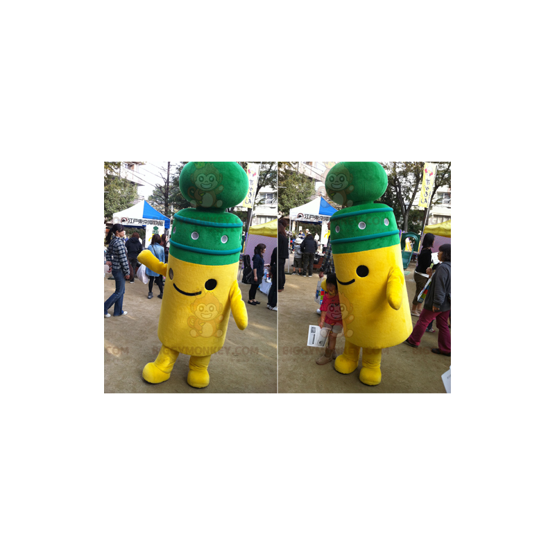 Słodki kostium maskotki żółto-zielony uśmiechnięty słupek