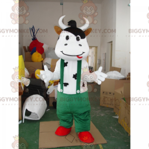 Costume de mascotte BIGGYMONKEY™ de grande vache en salopette -