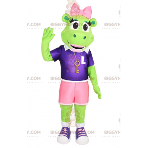 Στολή μασκότ Frog BIGGYMONKEY™ με ροζ φιόγκο και σπορ στολή -