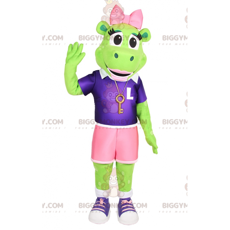 Traje de mascote de sapo BIGGYMONKEY™ com laço rosa e roupa