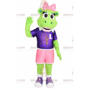 Frog BIGGYMONKEY™ Mascot Costume With Pink Bow And Sporty