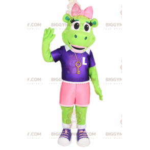 Traje de mascote de sapo BIGGYMONKEY™ com laço rosa e roupa