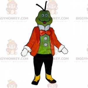Frog BIGGYMONKEY™ maskottiasu, jossa takki ja rusetti -