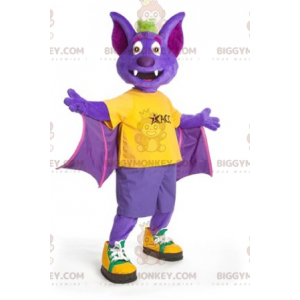 Disfraz de mascota BIGGYMONKEY™ de murciélago morado, amarillo