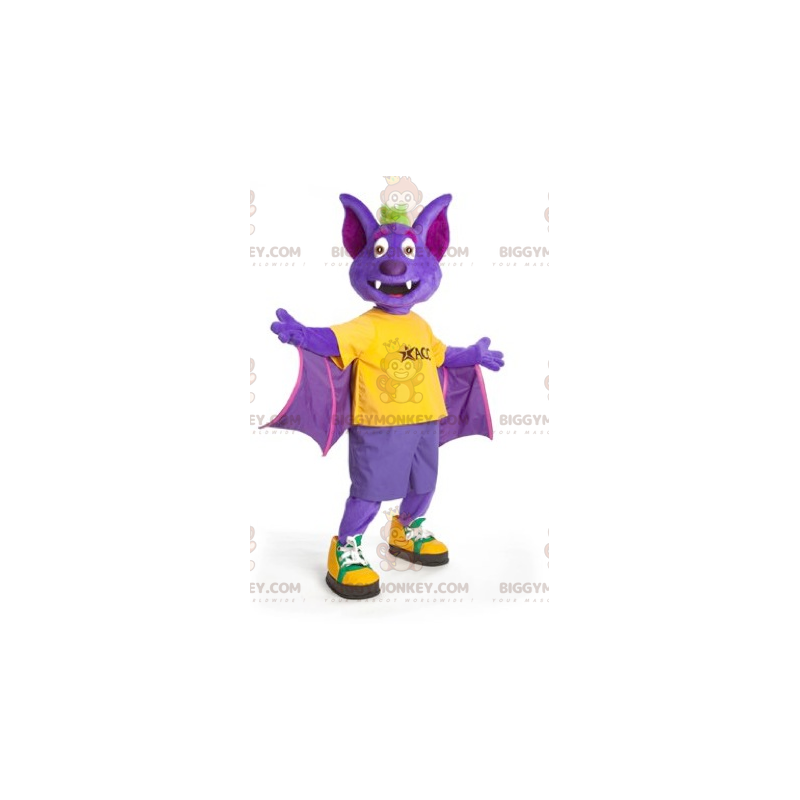 Disfraz de mascota BIGGYMONKEY™ de murciélago morado, amarillo