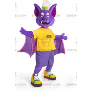 Traje de mascote BIGGYMONKEY™ de morcego roxo amarelo e verde –