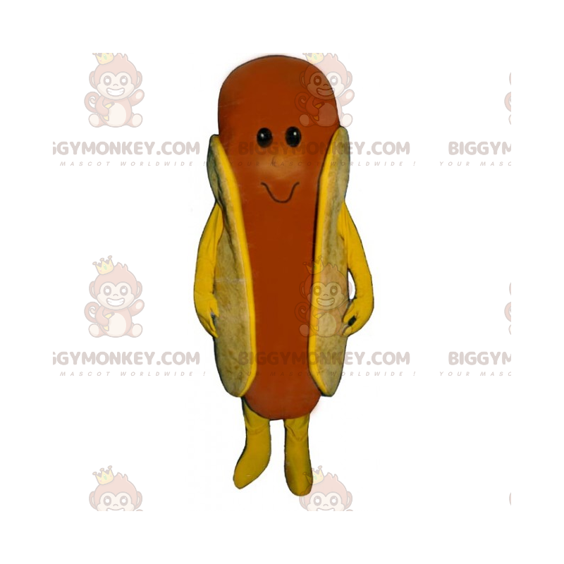 Hot Dog BIGGYMONKEY™ maskottiasu, jossa hymyilevät kasvot -