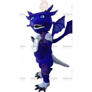 Traje de mascote engraçado e peculiar de dragão azul e branco