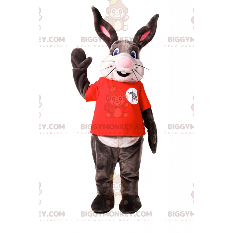 Bunny BIGGYMONKEY™ maskotkostume med stort smil og rød t-shirt