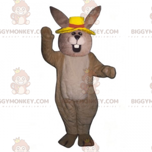 BIGGYMONKEY™ Mascottekostuum beige konijn met gele hoed -