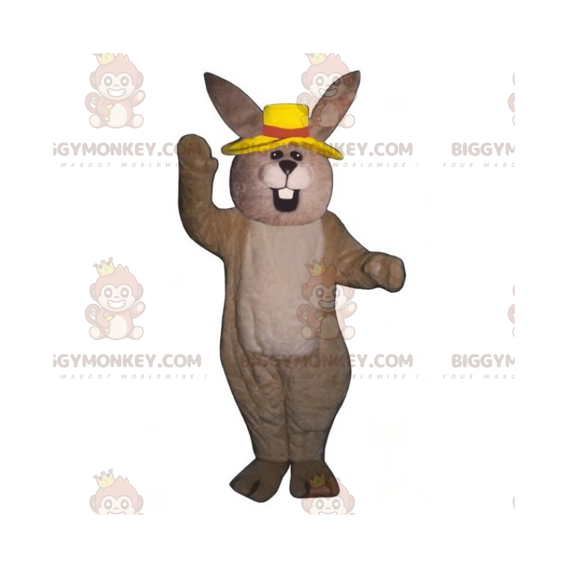 BIGGYMONKEY™ Mascottekostuum beige konijn met gele hoed -