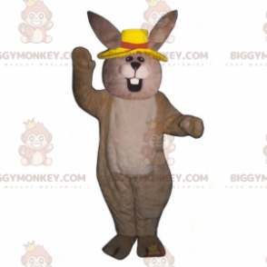BIGGYMONKEY™ μασκότ στολή μπεζ κουνέλι με κίτρινο καπέλο -