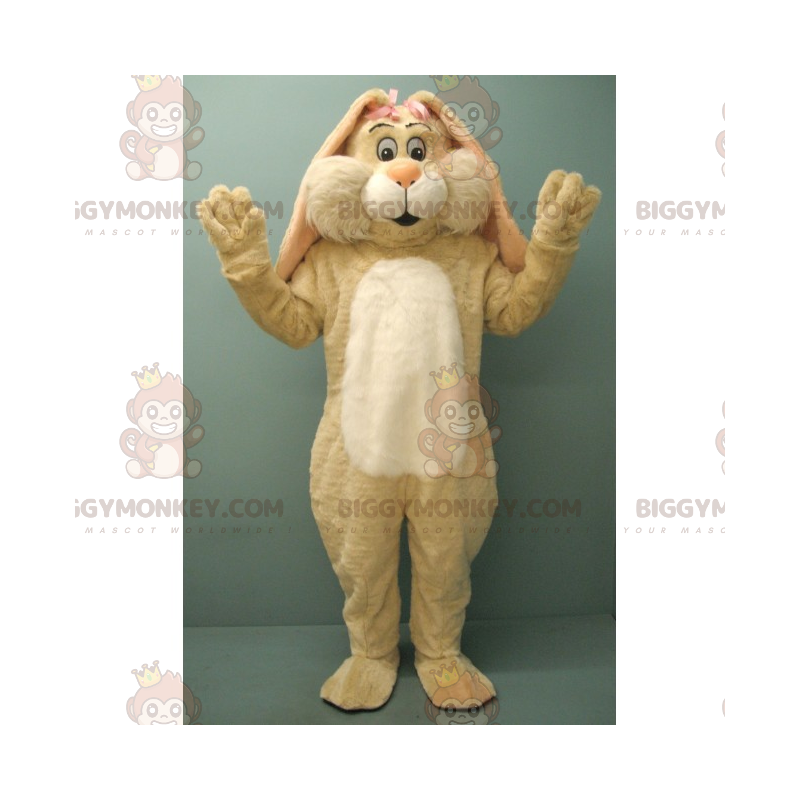 BIGGYMONKEY™ maskotkostume Beige kanin med to lyserøde sløjfer