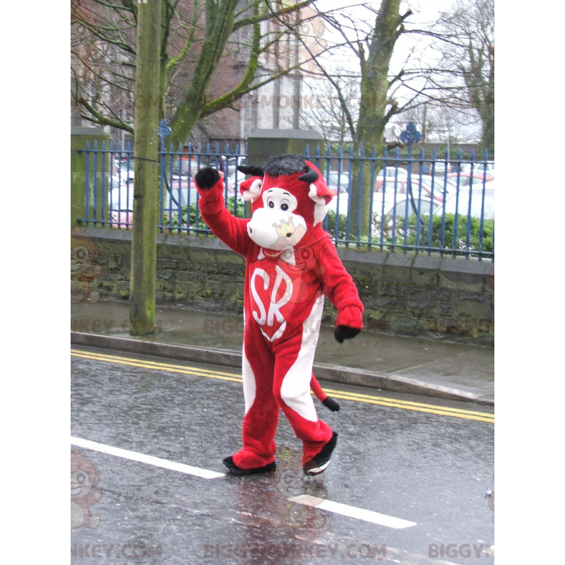 Costume della mascotte della mucca gigante rossa e bianca